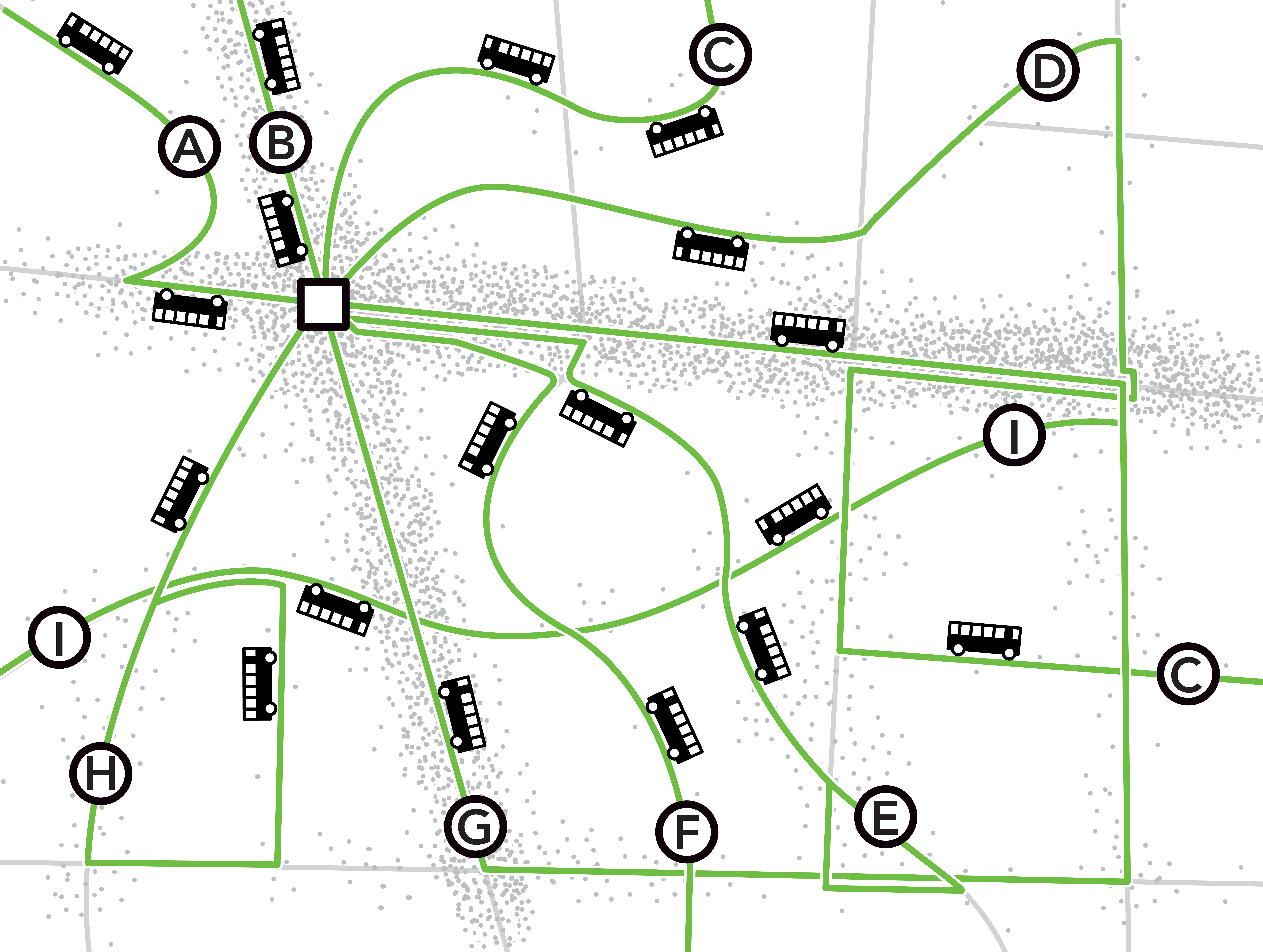 Image of an imaginary town that has a high-coverage transit network.
