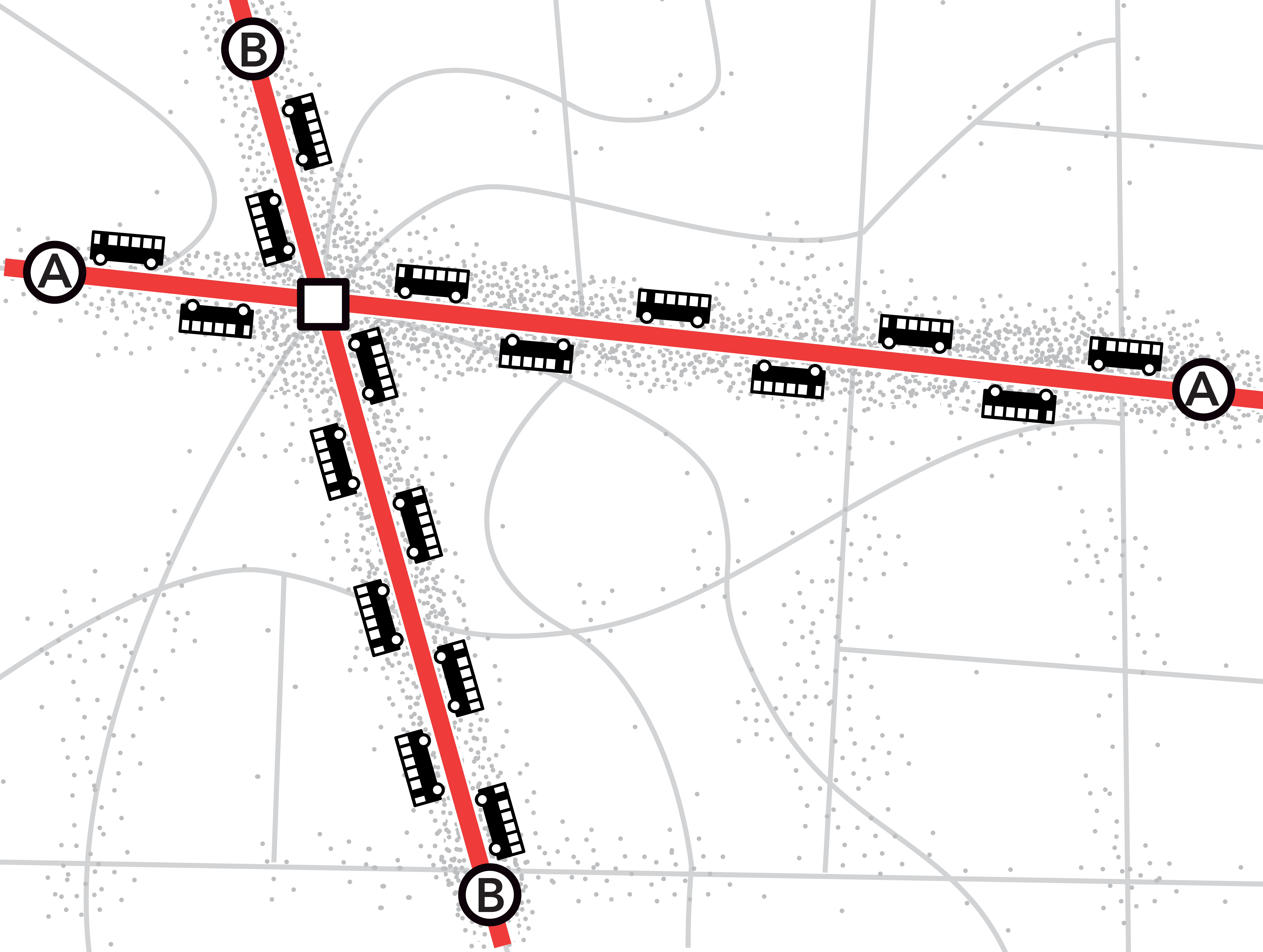 Image of an imaginary town that has a high-ridership transit network.